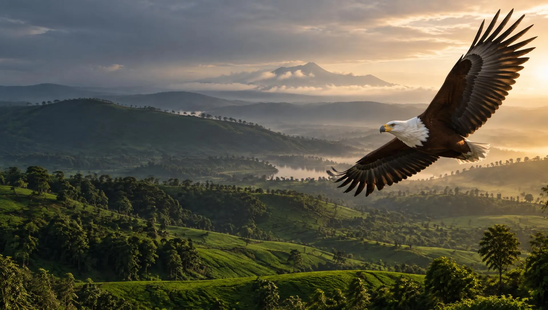 An African fish eagle soaring above green Kenyan highlands